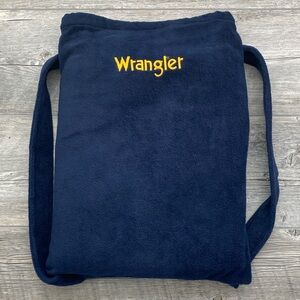 Wrangler brand plush fleece throw blanket in navy blue with matching carry bag